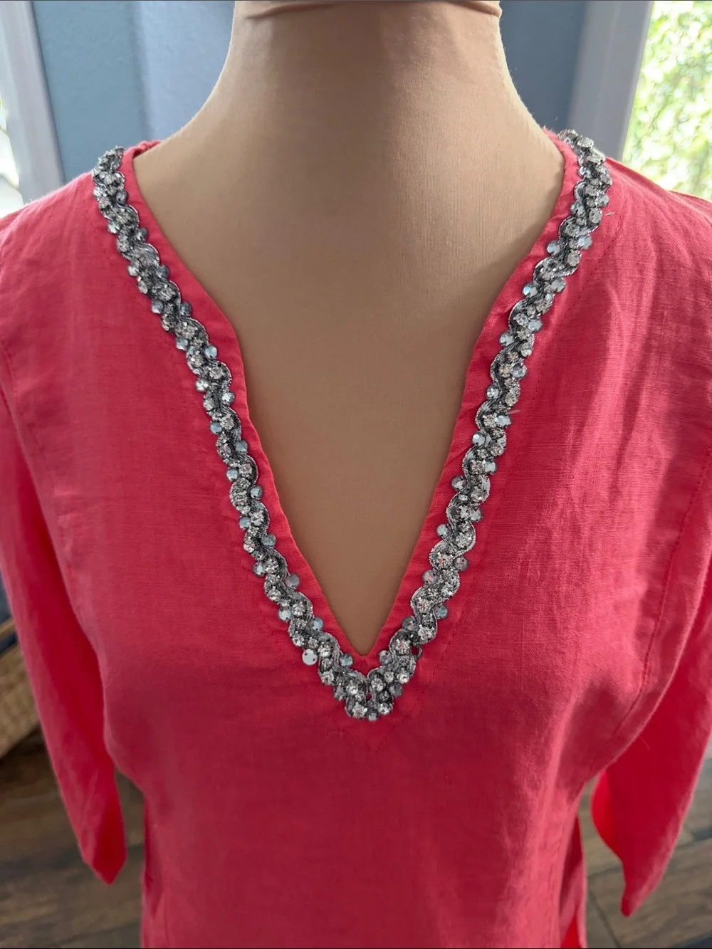 Coral Pink Embellished V-Neck Linen Tunic